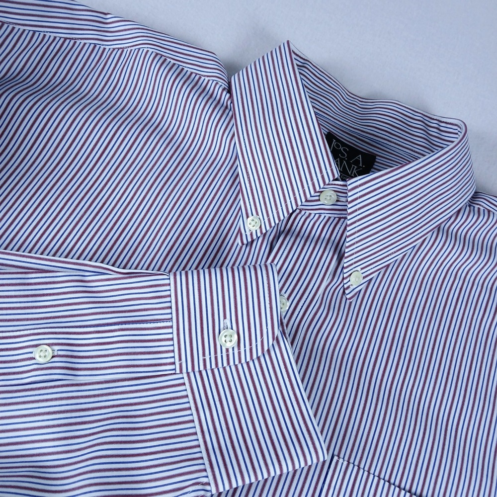 Jos A Bank Traveler Collection Mens 16.5 34 Red Blue Striped Cotton Dress Shirt